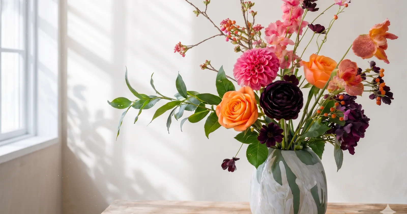 Een kleurrijk bloemstuk in een keramische vaas op een houten tafel, beeld van ruimte en schoonheid.