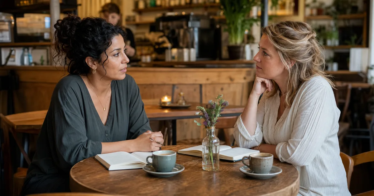 Twee ondernemers luisteren aandachtig naar elkaar in een rustig café