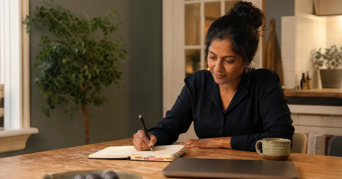 Vrouw schrijft thuis haar plannen voor een extra inkomstenstroom naast haar baan