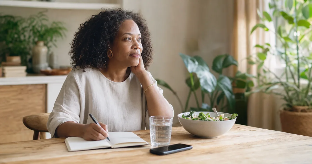 Ondernemer neemt een rustig lunchmoment met notitieboek en water