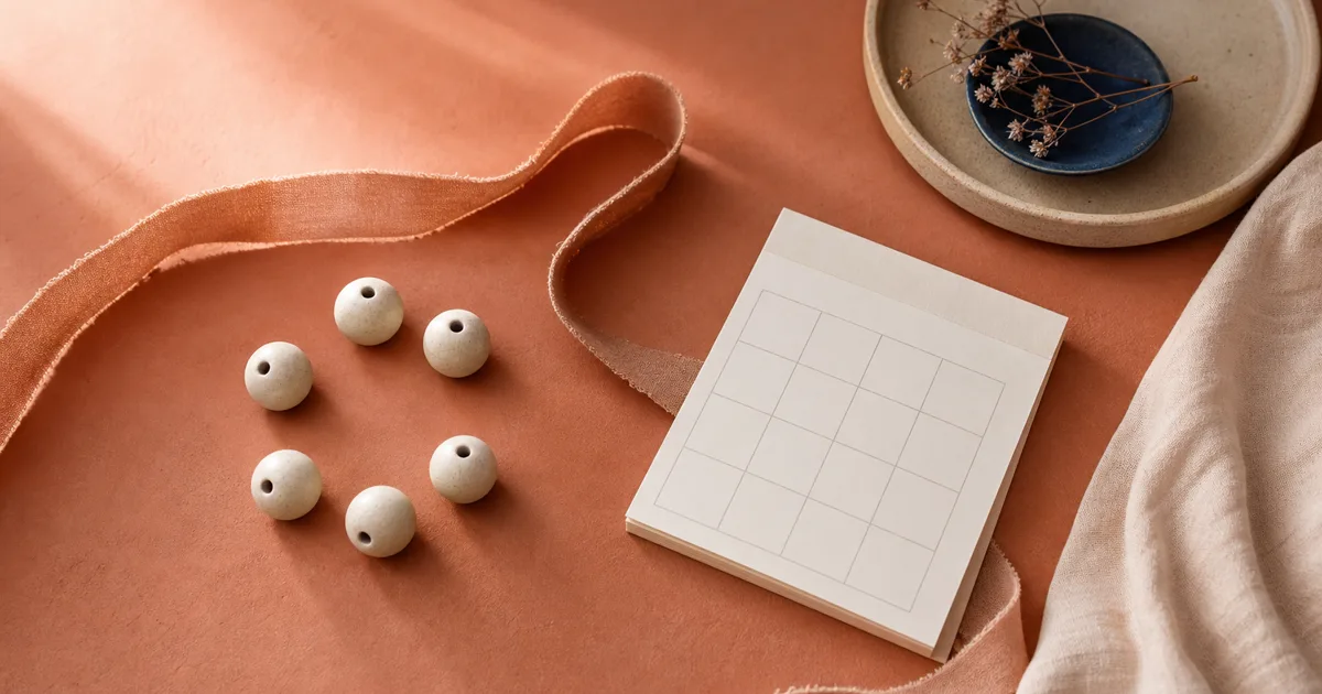 Tactiel ritme van keramische kralen en een blanco kalender op terracotta stof