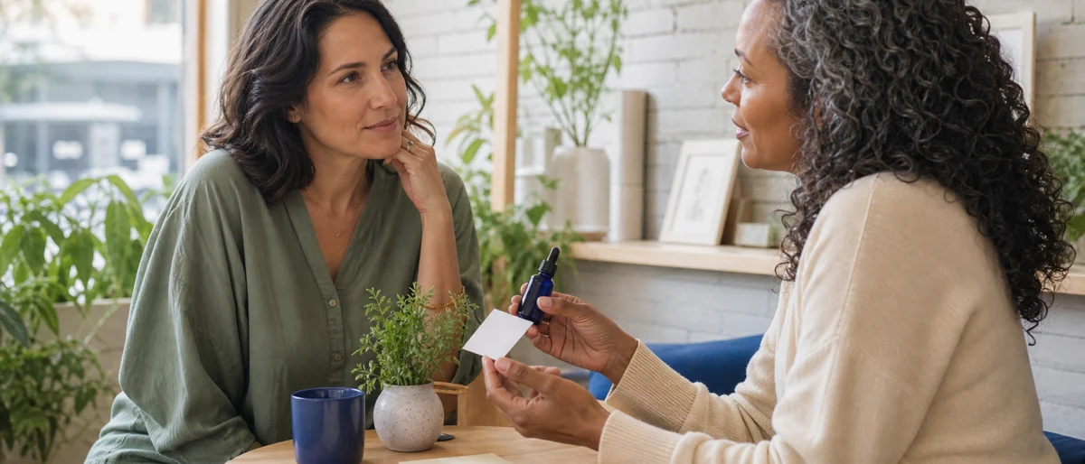 Twee ondernemers voeren een ontspannen, open gesprek over een productkeuze