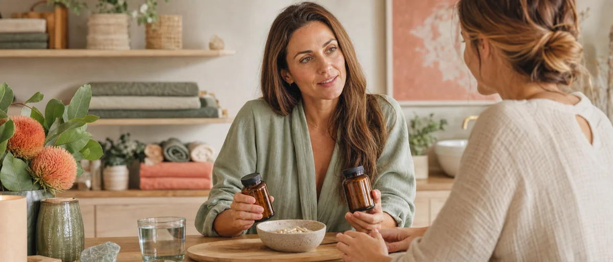Wellnessondernemer bespreekt supplementen met haar klant in een warme studio