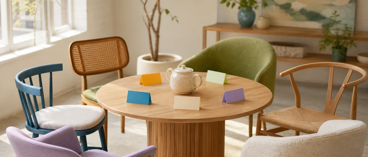 Stoelen en idee-kaarten rond een tafel voor een bewuste peer group
