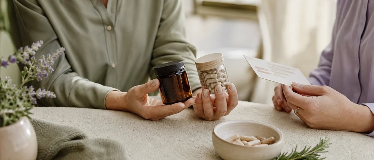 Twee vrouwen vergelijken zorgvuldig supplementen tijdens een persoonlijk advies