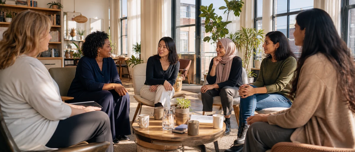 Zes vrouwelijke ondernemers in een ontspannen gesprek in een lichte ruimte