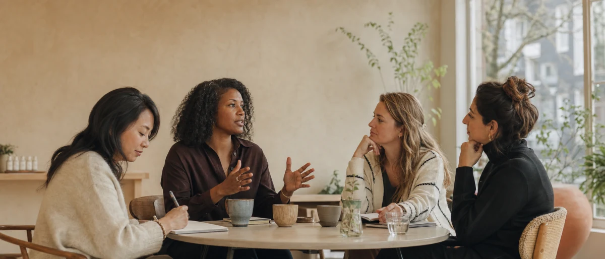 Vier vrouwelijke ondernemers in een aandachtig gesprek rond een tafel