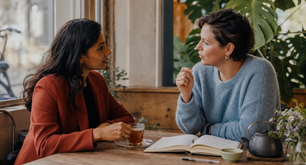 Twee vrouwelijke ondernemers in een persoonlijk gesprek aan tafel