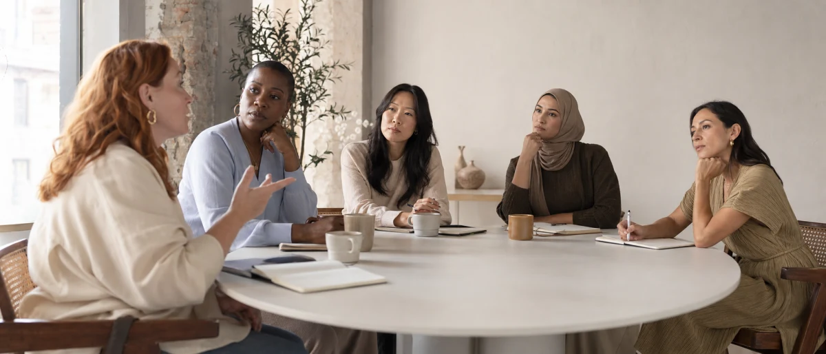 Vijf vrouwelijke ondernemers in een geconcentreerde mastermind sessie