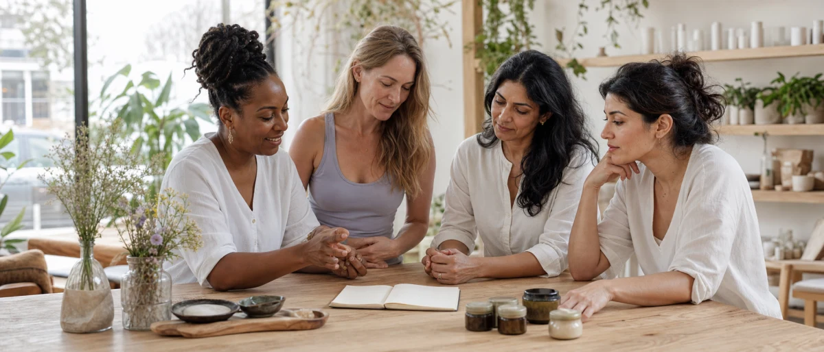 Vier vrouwelijke wellnessprofessionals in gesprek over hun praktijk