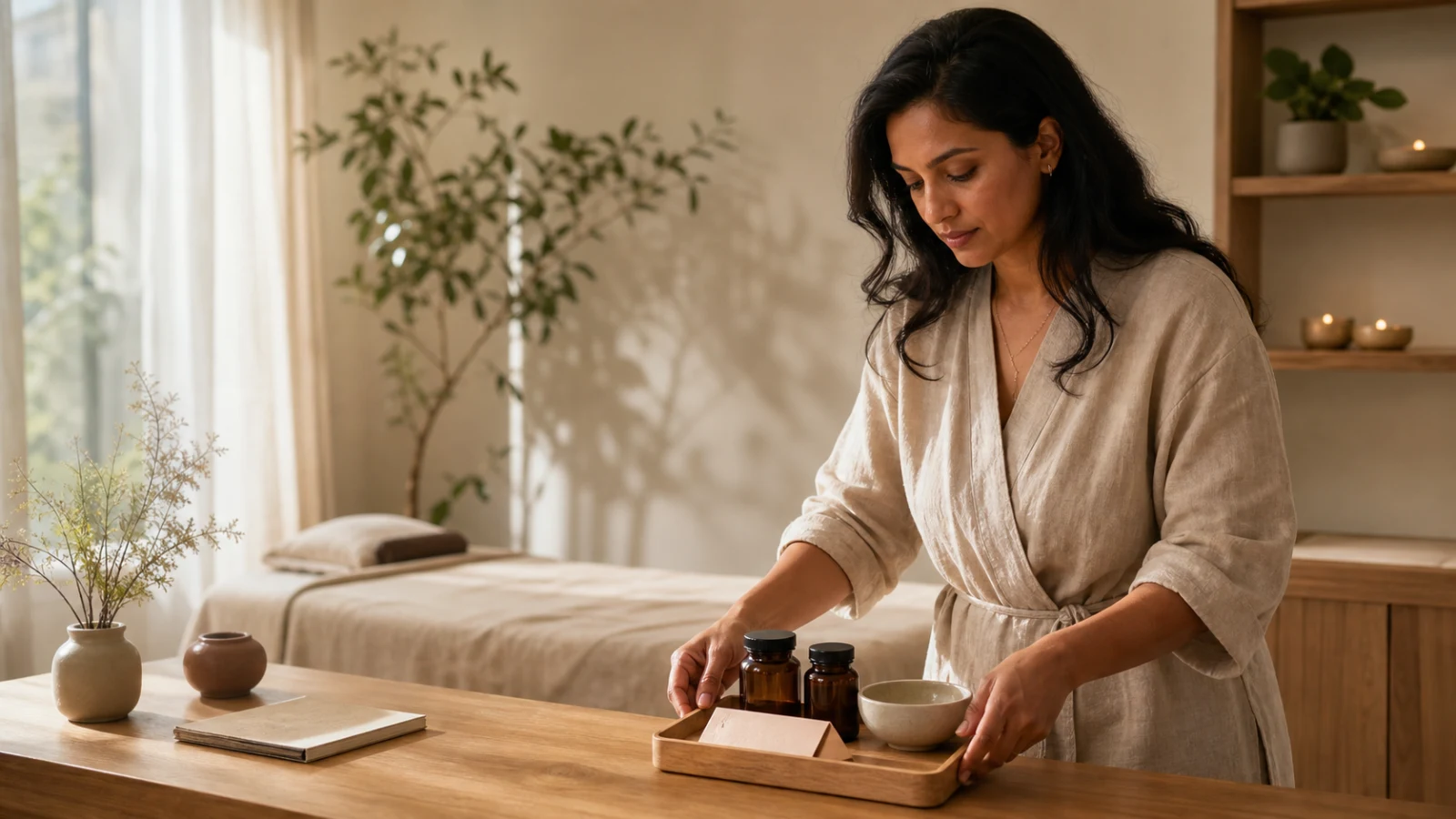 Wellnessondernemer bereidt zorgvuldig een productadvies met onbedrukte supplementflacons voor
