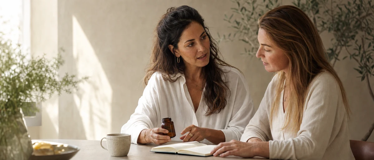 Twee vrouwelijke ondernemers bespreken rustig supplementadvies aan een lichte tafel