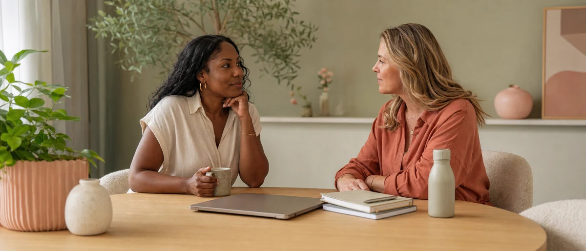Twee vrouwelijke ondernemers voeren een rustig gesprek over een mogelijke samenwerking