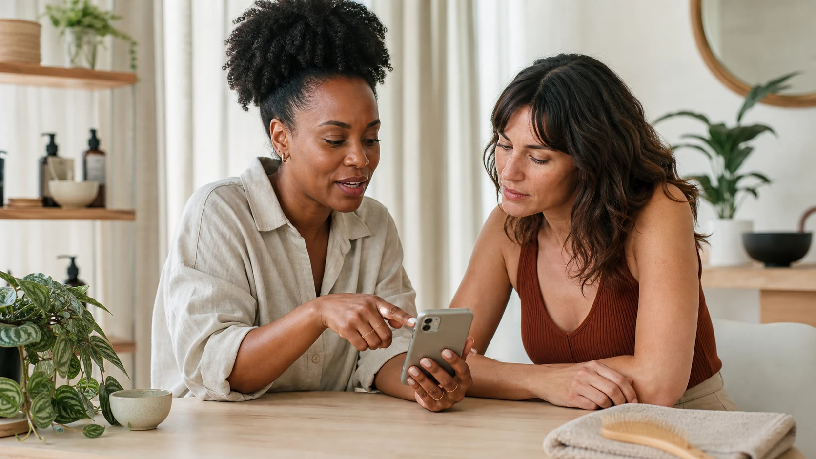 Twee vrouwen bekijken samen een wellnessroutine op een telefoon in een lichte salon