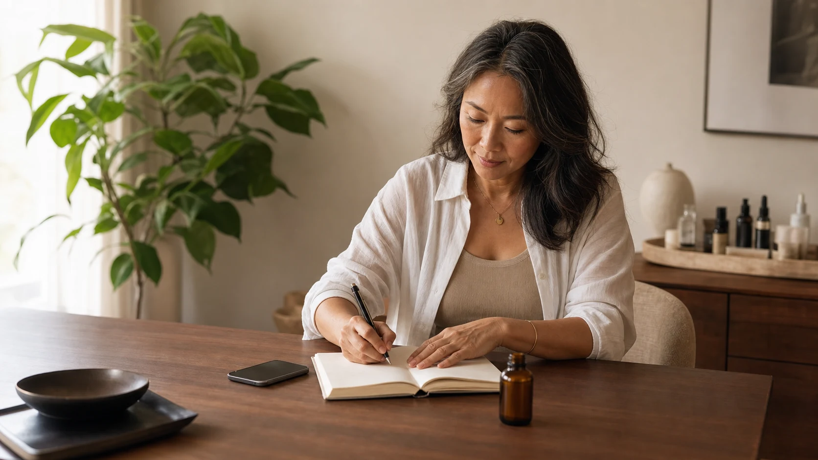 Wellnessondernemer werkt rustig aan een praktisch plan voor een extra inkomstenstroom