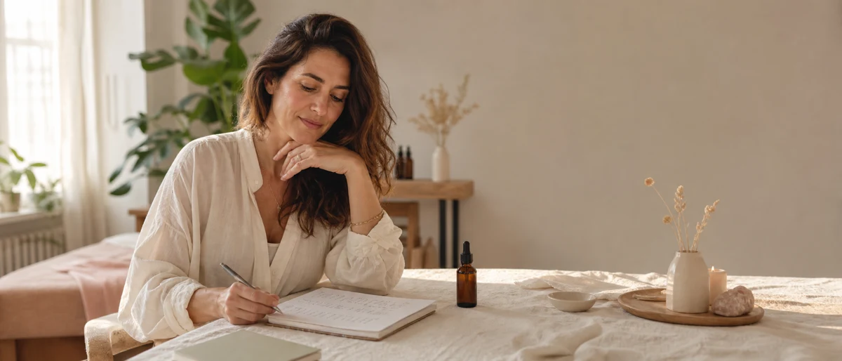Wellnessondernemer werkt rustig aan een plan voor extra inkomsten met producten