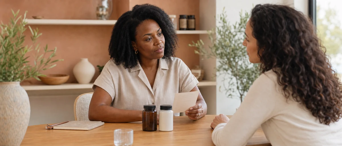 Wellnessondernemer bespreekt zorgvuldig productinformatie over supplementen met een klant
