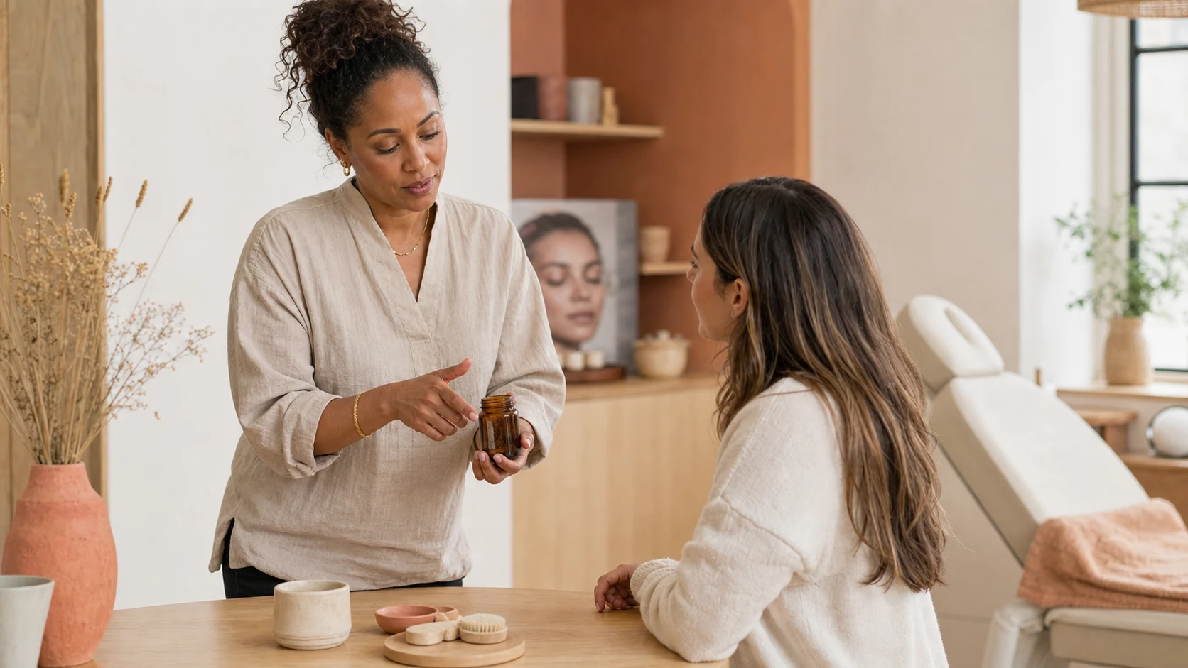 Salonondernemer geeft een klant zorgvuldig advies over een eenvoudige wellnessroutine