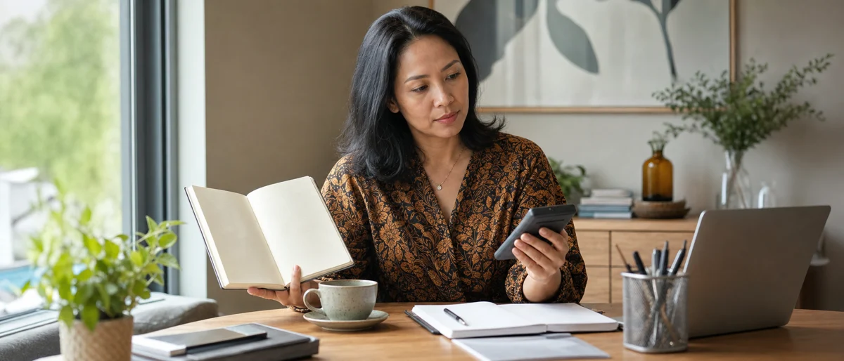 Ondernemer vergelijkt rustig haar planning en berekeningen aan een bureau
