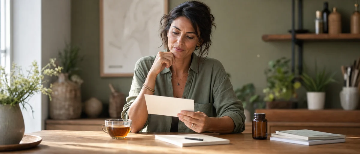 Wellnessondernemer leest aandachtig een neutrale feedbackkaart aan een warme tafel