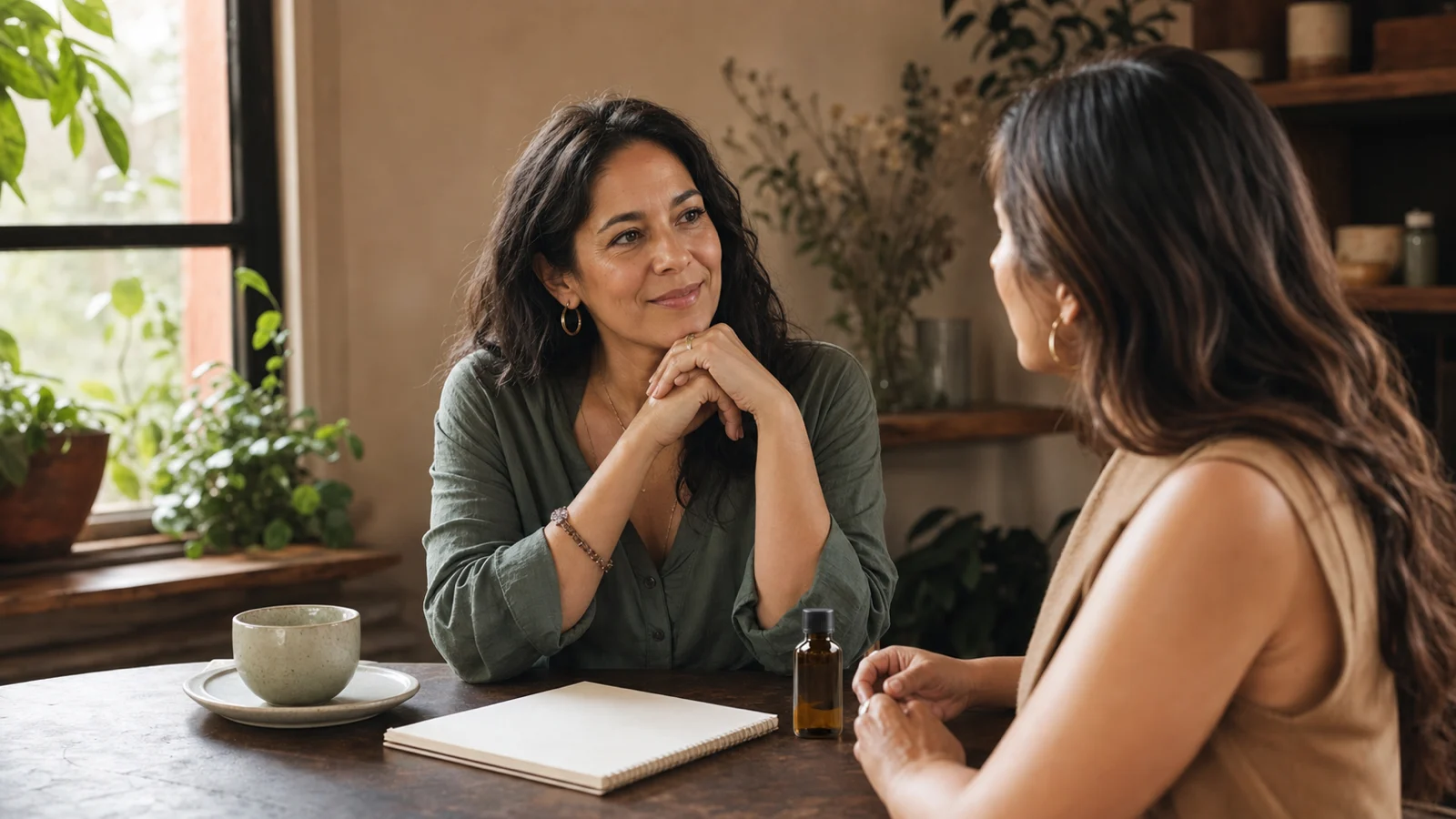 Twee vrouwelijke wellnessondernemers voeren een rustig gesprek aan een studiotafel
