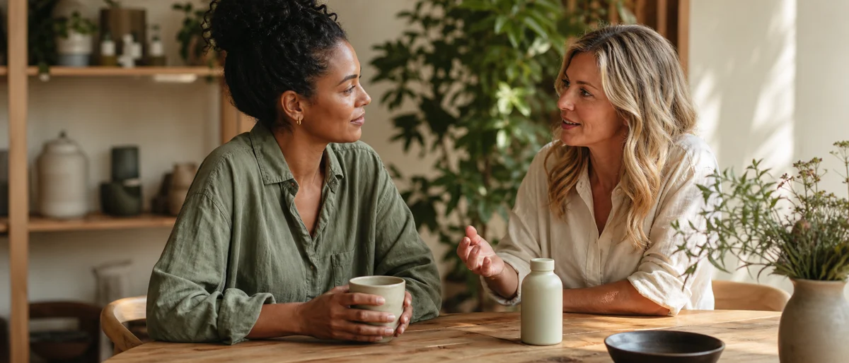 Twee vrouwelijke wellnessondernemers voeren een open gesprek aan tafel