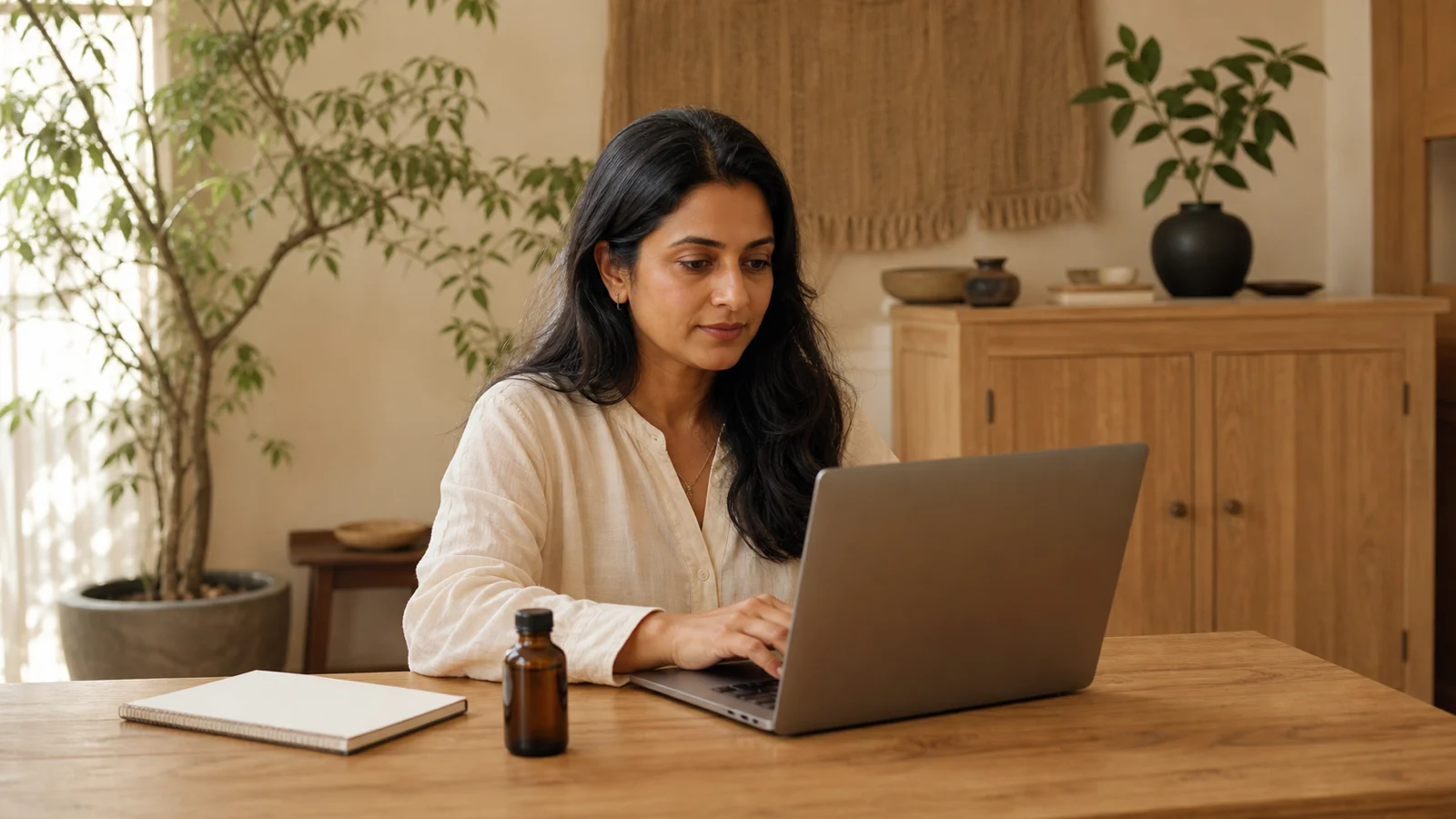 Therapeute werkt met laptop en notitieboek aan een lichte praktijktafel
