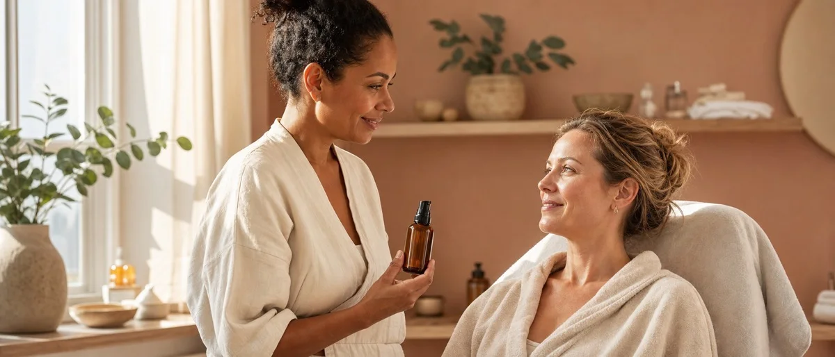 Schoonheidsspecialiste adviseert een klant persoonlijk over huidverzorging in een lichte salon
