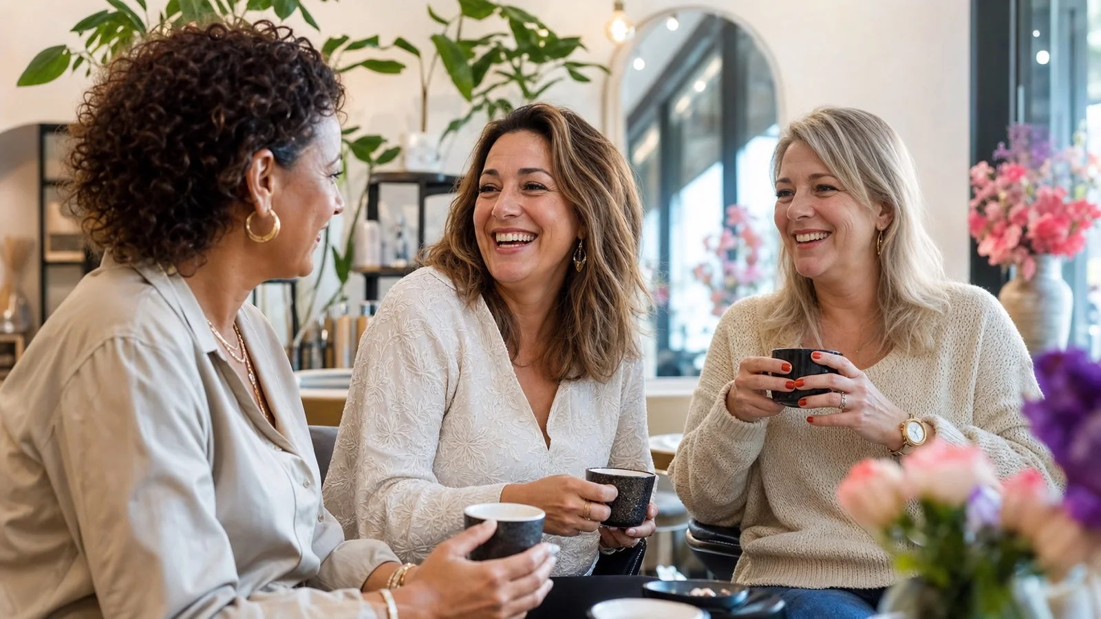 Drie vrouwen drinken koffie tijdens een ontspannen moment in de saloncommunity