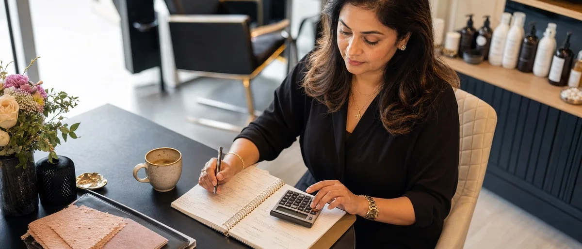 Salonondernemer bekijkt rustig haar planning en prijsstrategie aan haar bureau