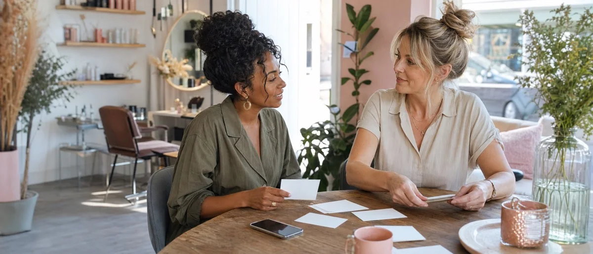 Twee salonondernemers overleggen over laagdrempelige marketing in hun praktijk