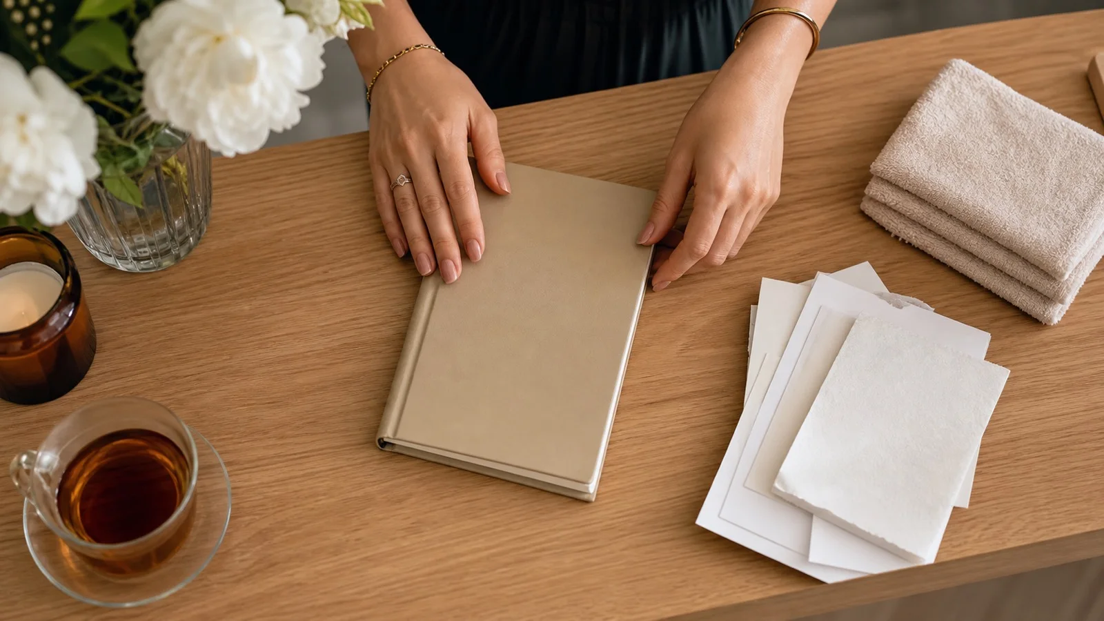 Handen sluiten een agenda naast betalingsbewijzen en een kop thee in de salon